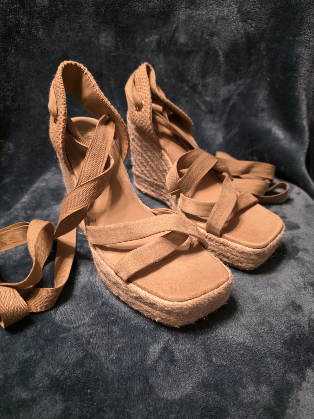 ZARA Womens Tan Espadrille Wedge Sandals with Wrap Straps